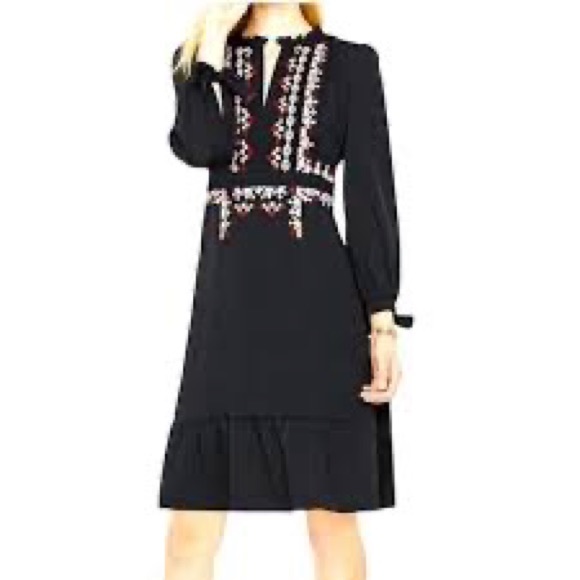 Ann Taylor Petite 00P Black Flowy Dress with Geometric Embroidery - Picture 3 of 14